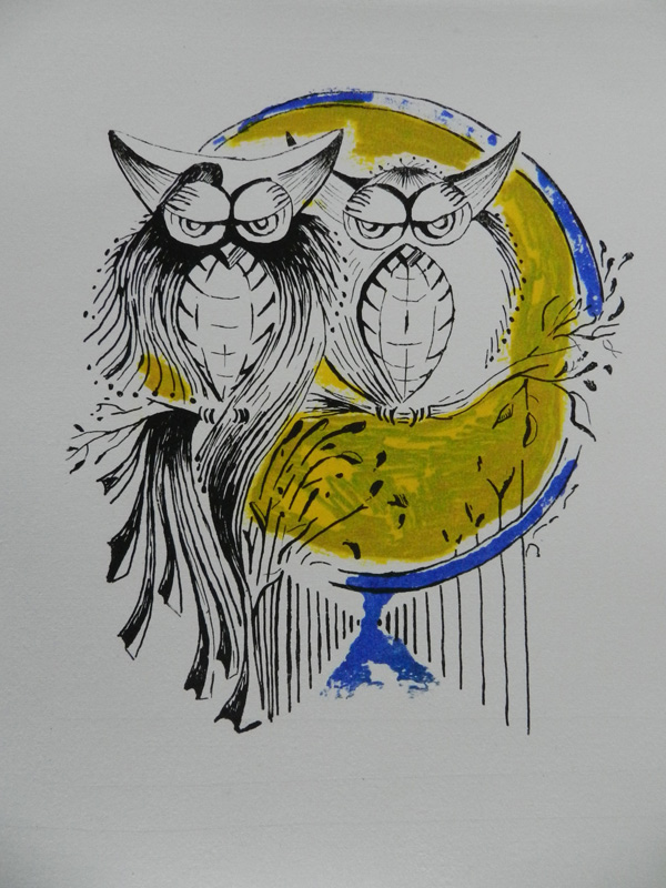 Verkochte kunstwerken. Het uilenbruidspaar. Twee uilen op een tak. Grafisch werk litho polyester.