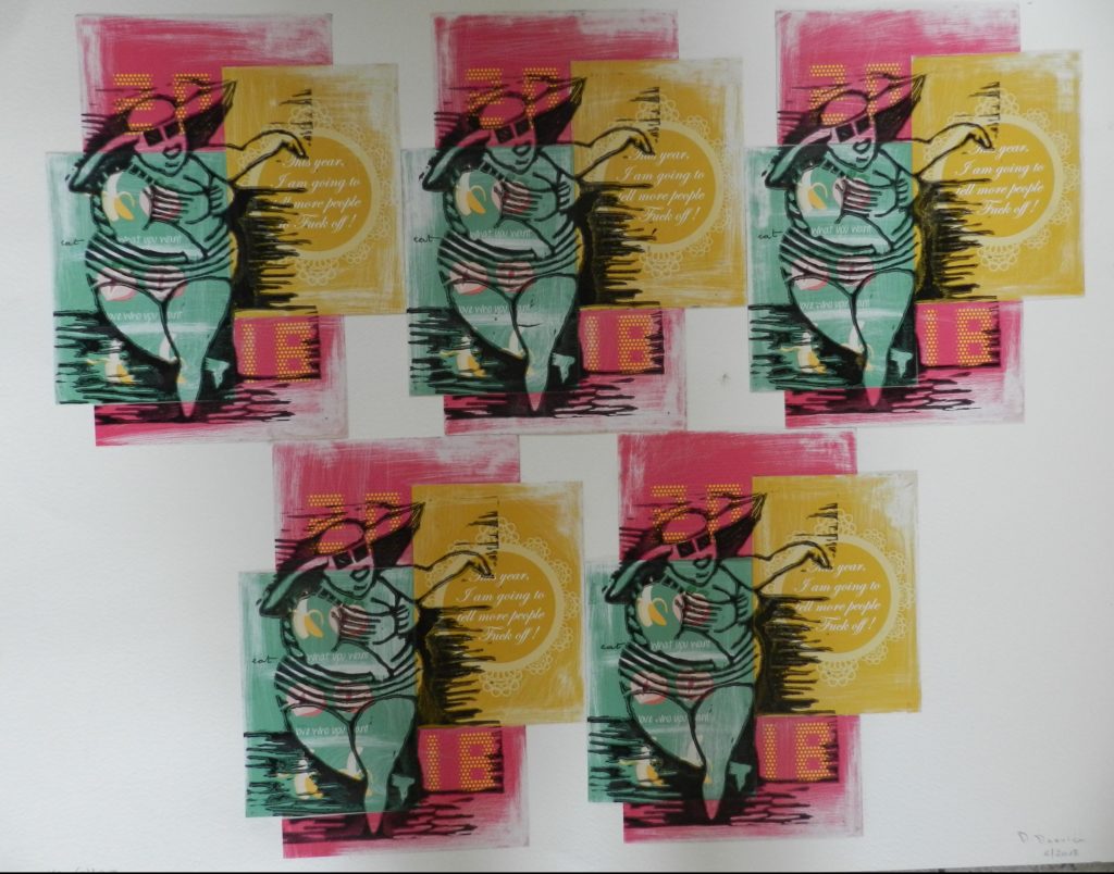 Verkocht grafisch werk Lady Fuck off. Lino en collage.