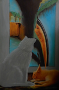 Kat met gedragsstoornis. Wat te doen? Alle poezen gaan naar de hemel. Olieverfschilderij van Mady Maeriën.
